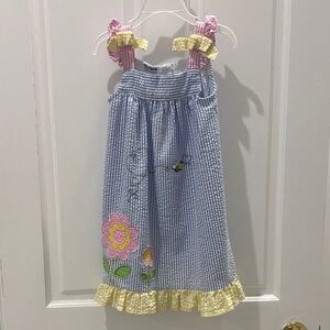 Blueberi Boulevard White & Blue Striped Seersucker Dress with Yellow Bow Accents